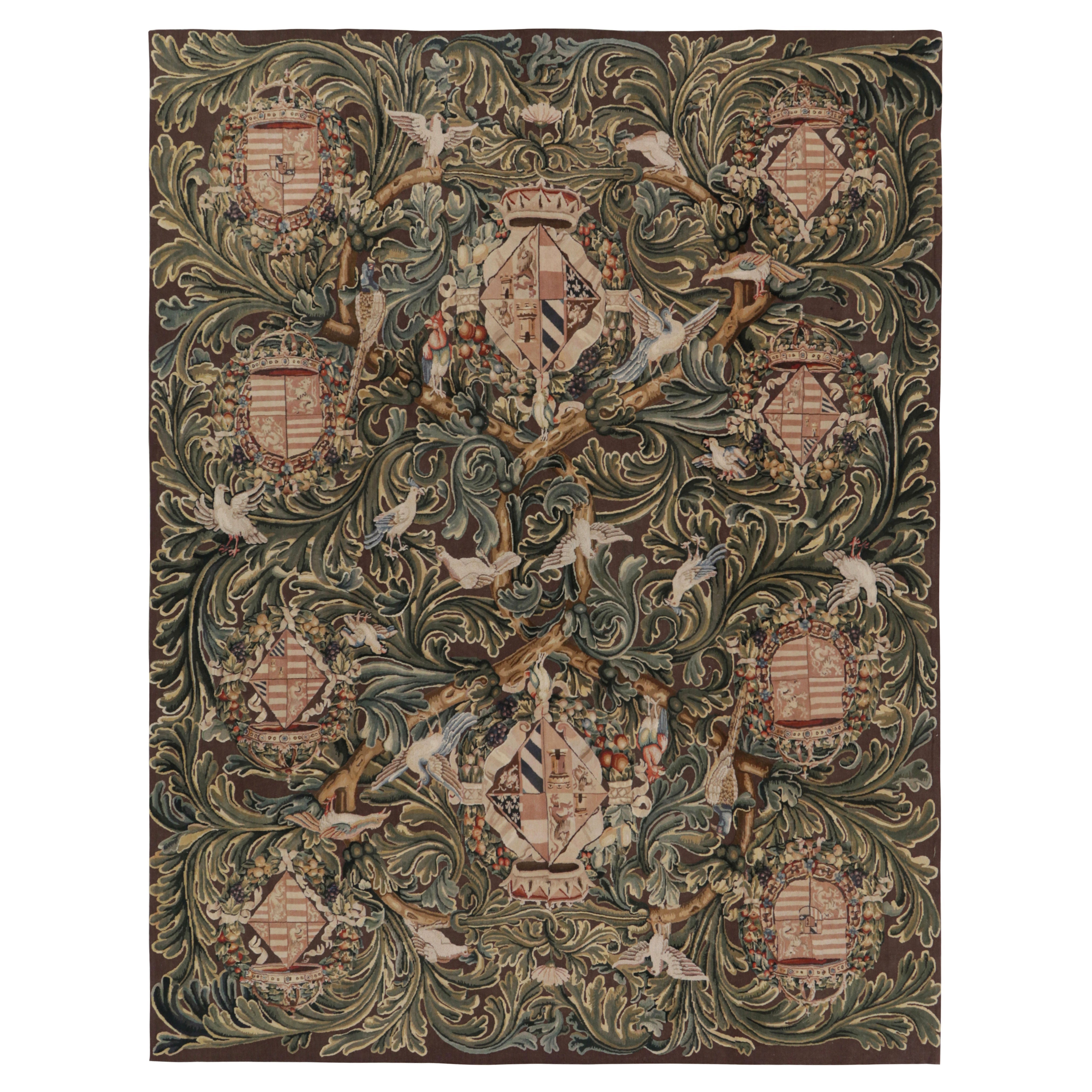 Rug & Kilim’s Armorial Tudor Style Rug in Black, with Beige, Blue and Gold Tones