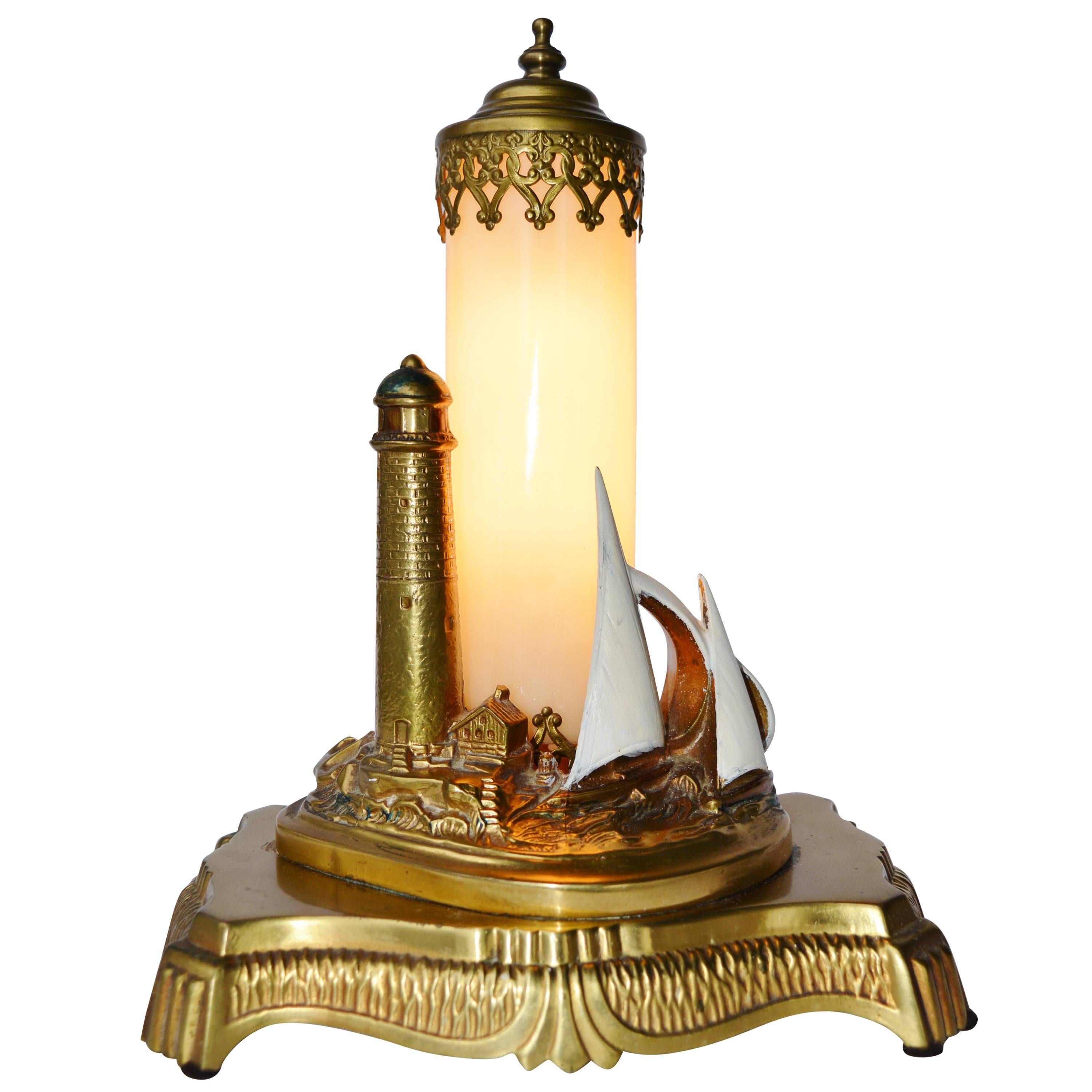 Antique Brass Lighthouse Lamp with Opalescent Glass For Sale