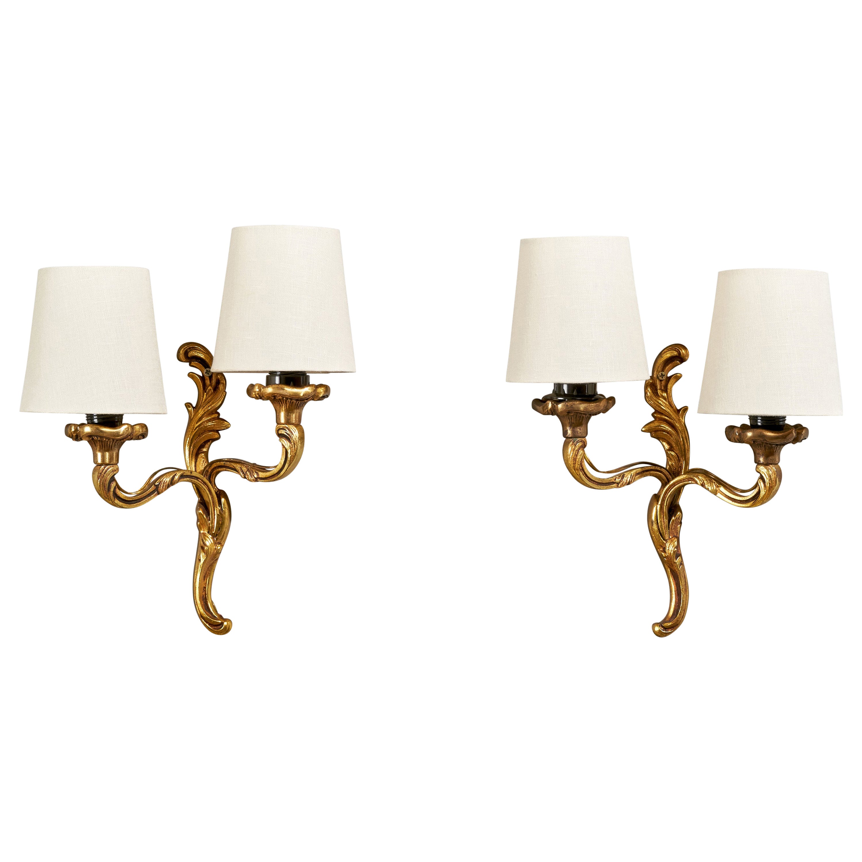 French Designer, Wall Lights, Brass, Fabric, France, 1950s
