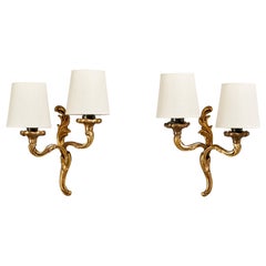 French Designer, Wall Lights, Brass, Fabric, France, 1950s