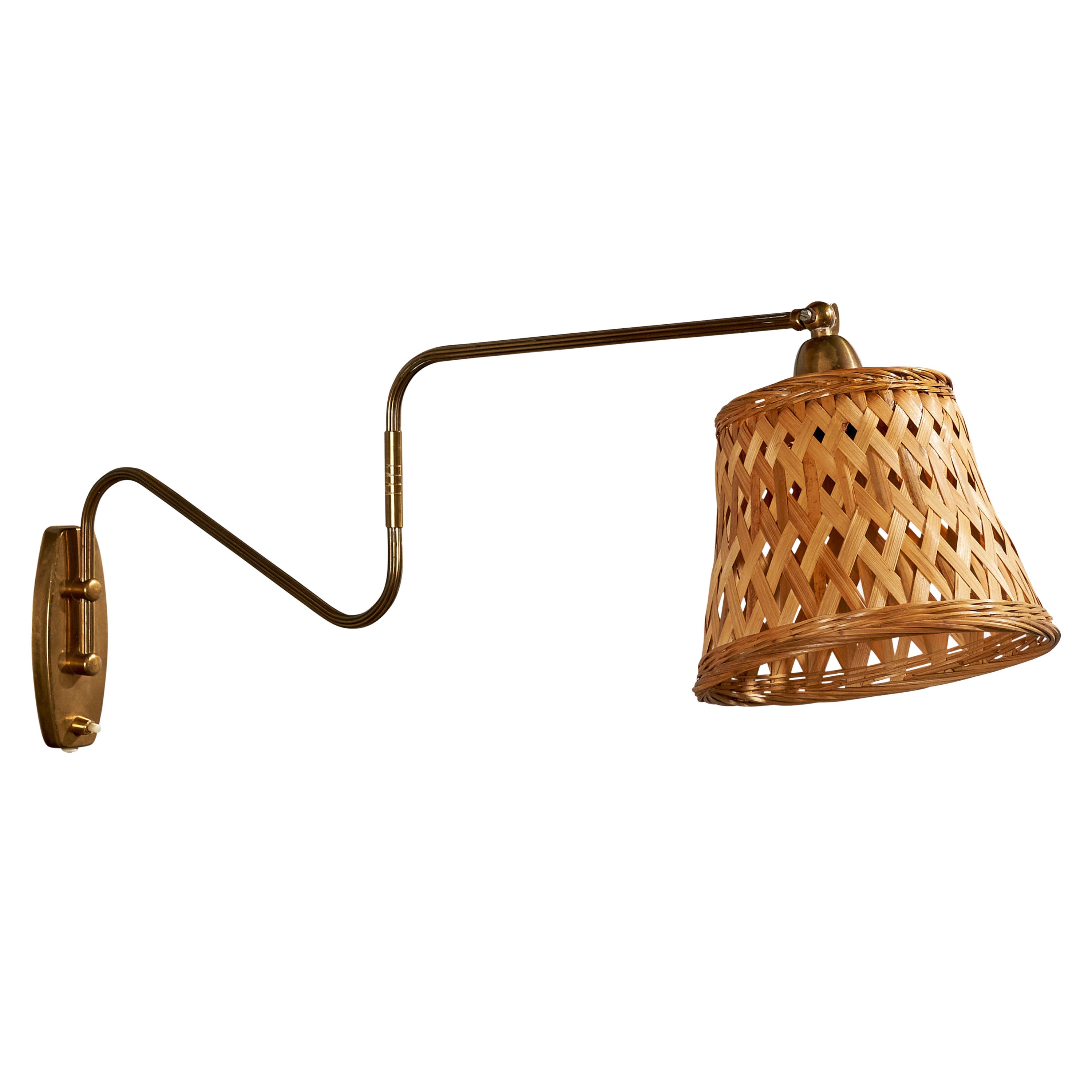 Danish Designer, Wall Light, Brass, Rattan, Denmark, 1940s