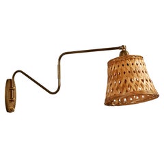 Danish Designer, Wall Light, Brass, Rattan, Denmark, 1940s