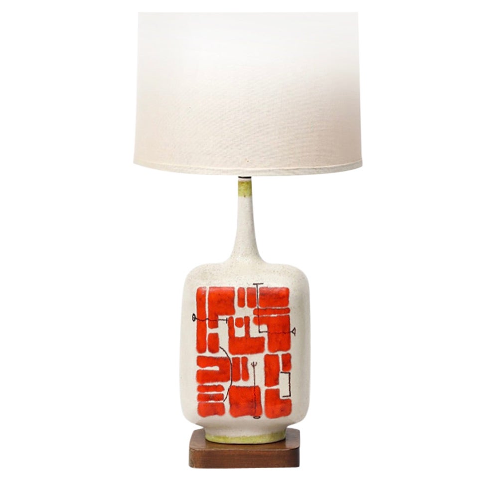 Lampe Guido Gambone, Céramique, Abstrait, Rouge, Blanc, Chartreuse, Signé
