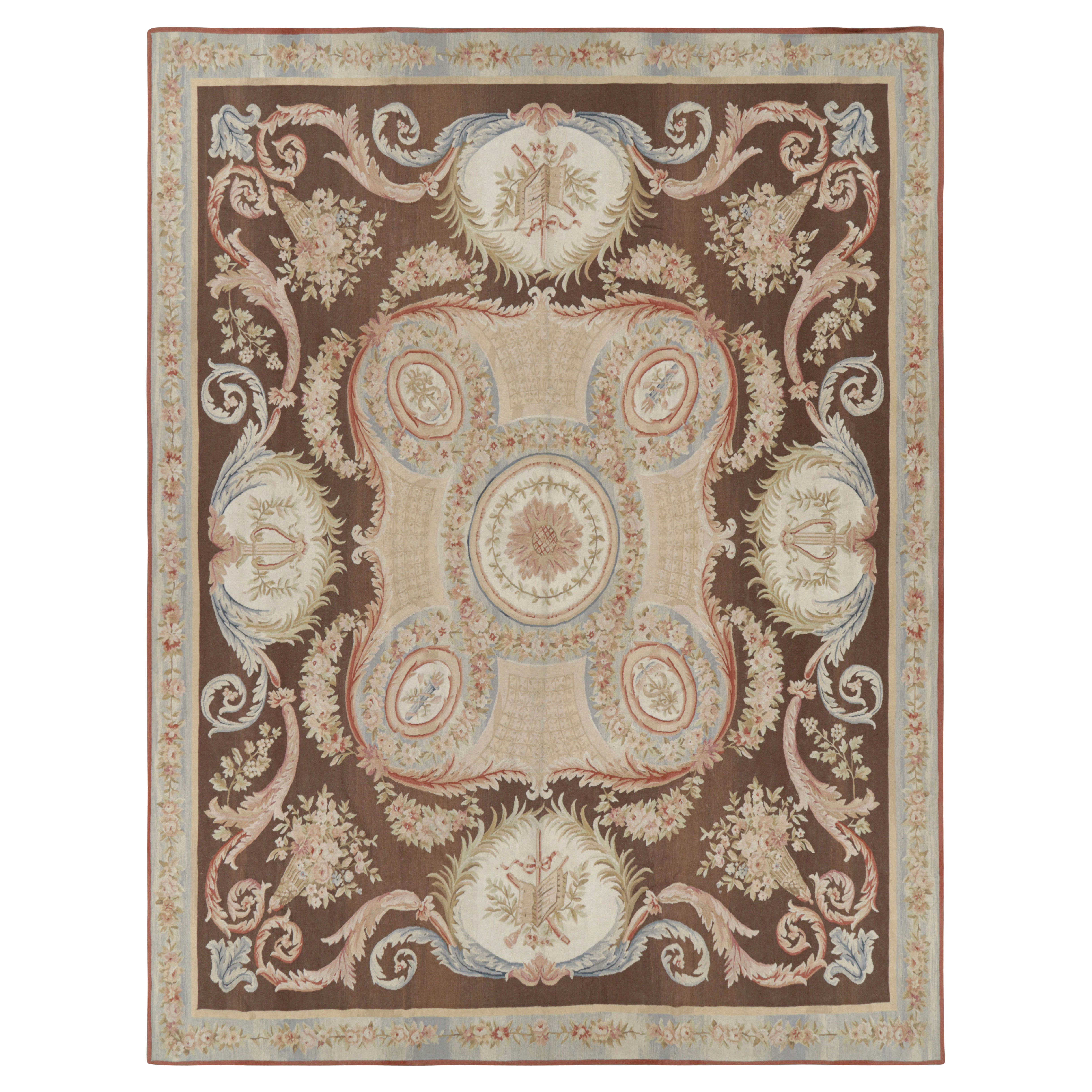 Rug & Kilim's Oversized Aubusson Style Rug in Brown with Medallion and Florals