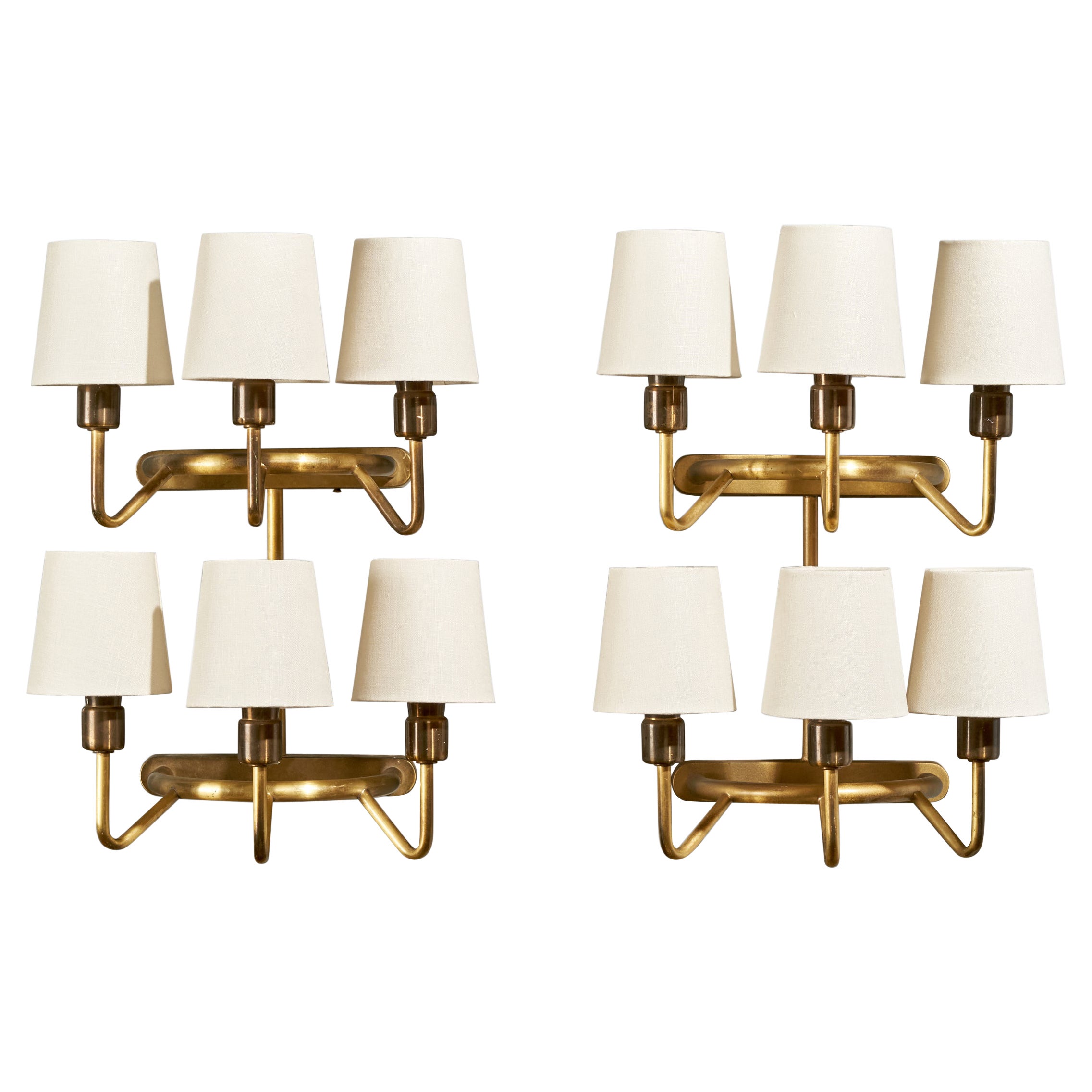Danish Designer, Wall Lights, Brass, Fabric, Denmark, 1940s