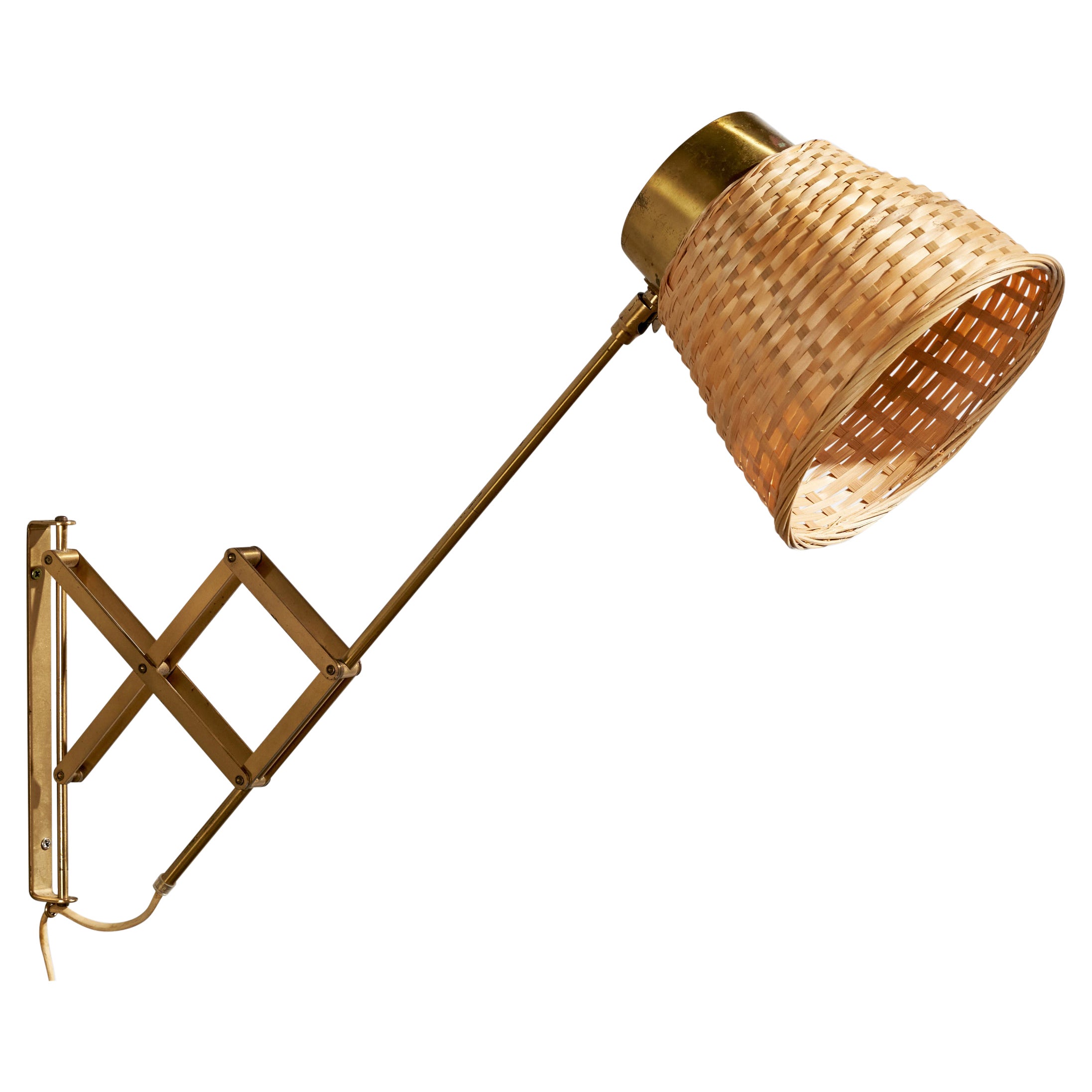T.H. Valentiner, Wall Light, Brass, Rattan, Denmark, 1950s