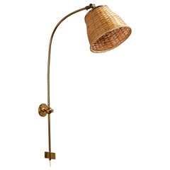Josef Frank, Wandleuchte, Messing, Rattan, Schweden, 1950er Jahre