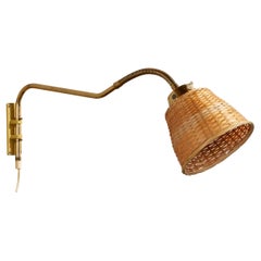 Swedish Designer, Adjustable Wall Light, Brass, Rattan, Sweden, 1940s