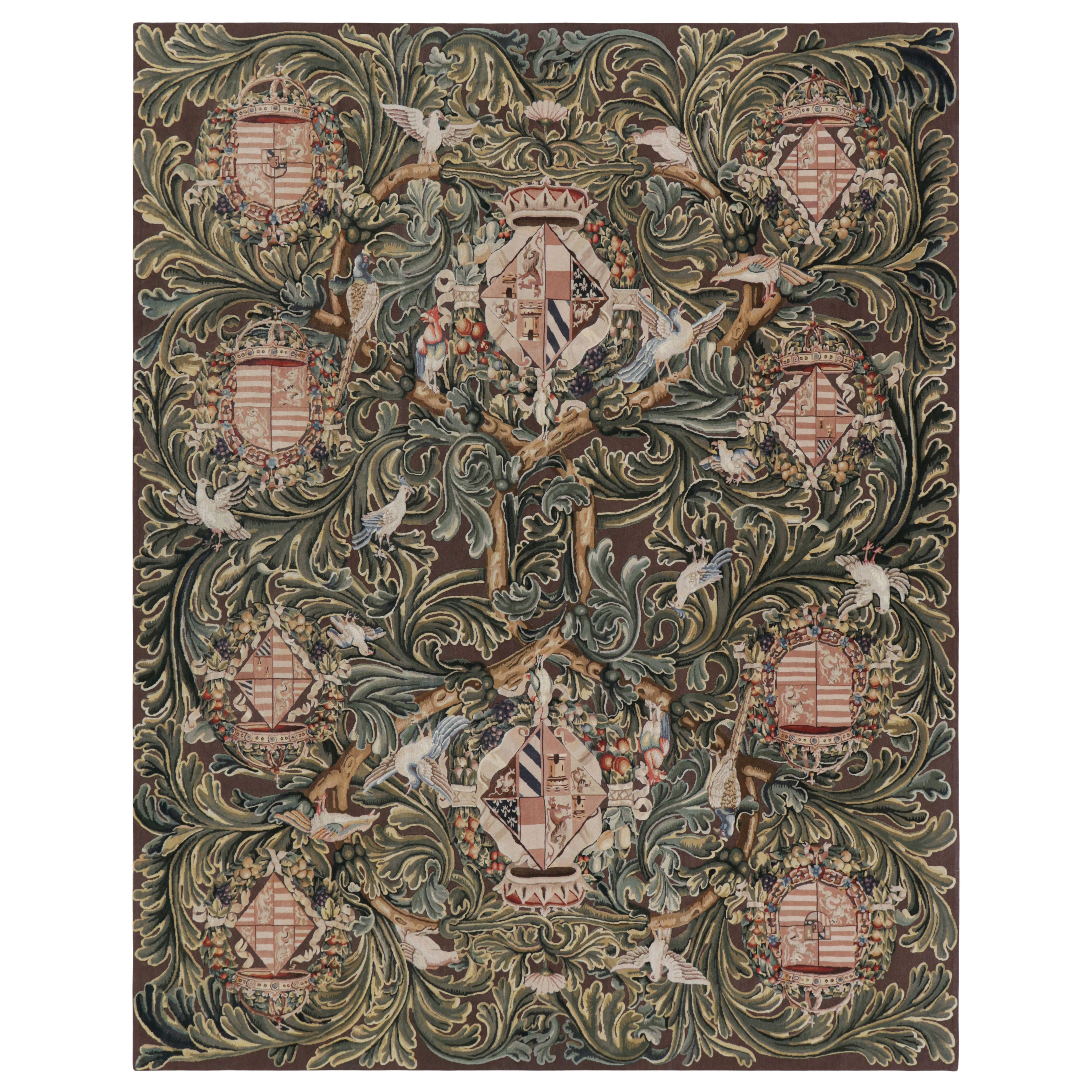 Rug & Kilim’s Armorial Tudor Style Rug in Black, with Beige, Blue and Gold Tones