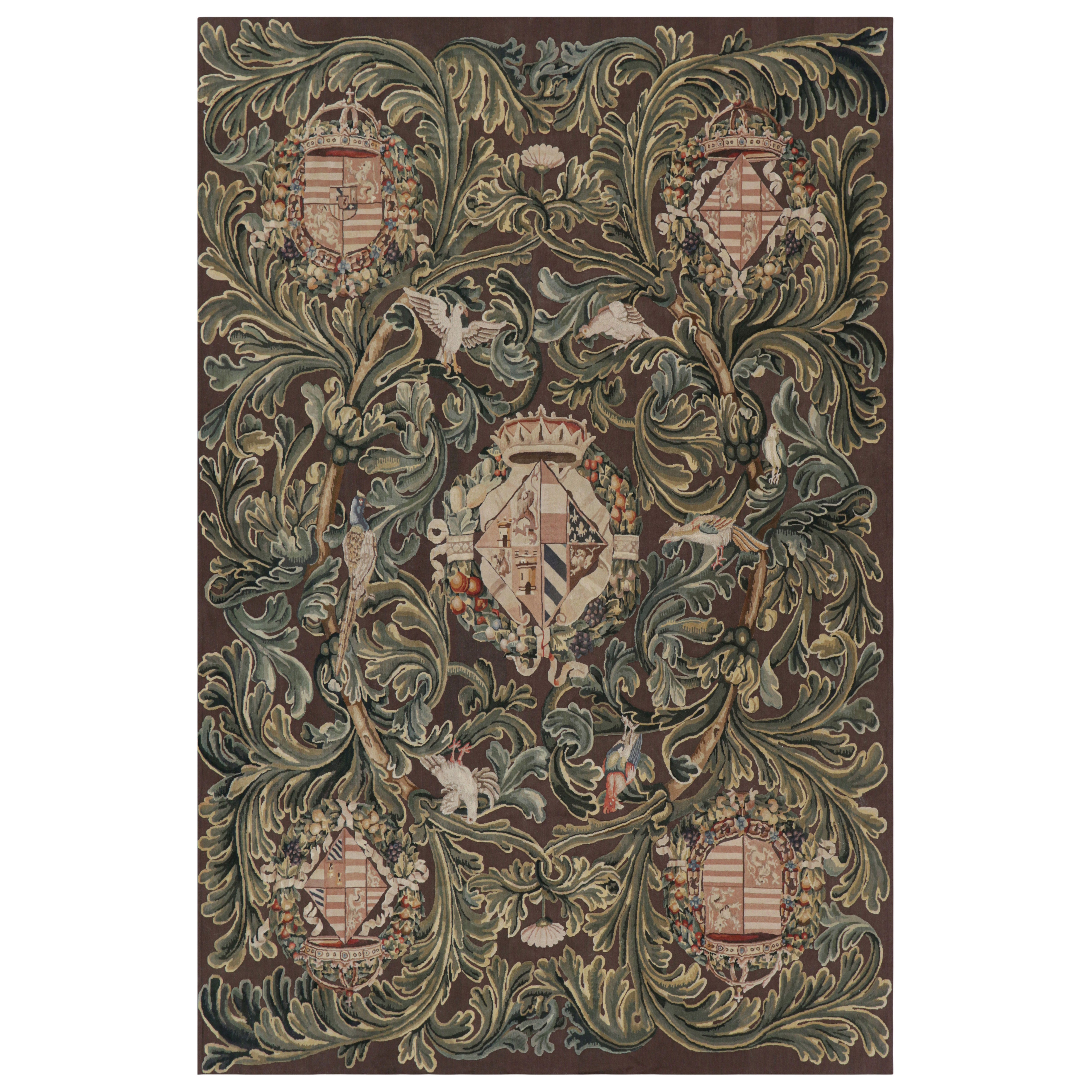 Rug & Kilim’s Armorial Tudor Style Rug in Black, with Beige, Blue and Gold Tones