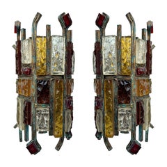 Pair of Hammered Glass Wrought Iron Sconces by Longobard, Italy, 1970s
