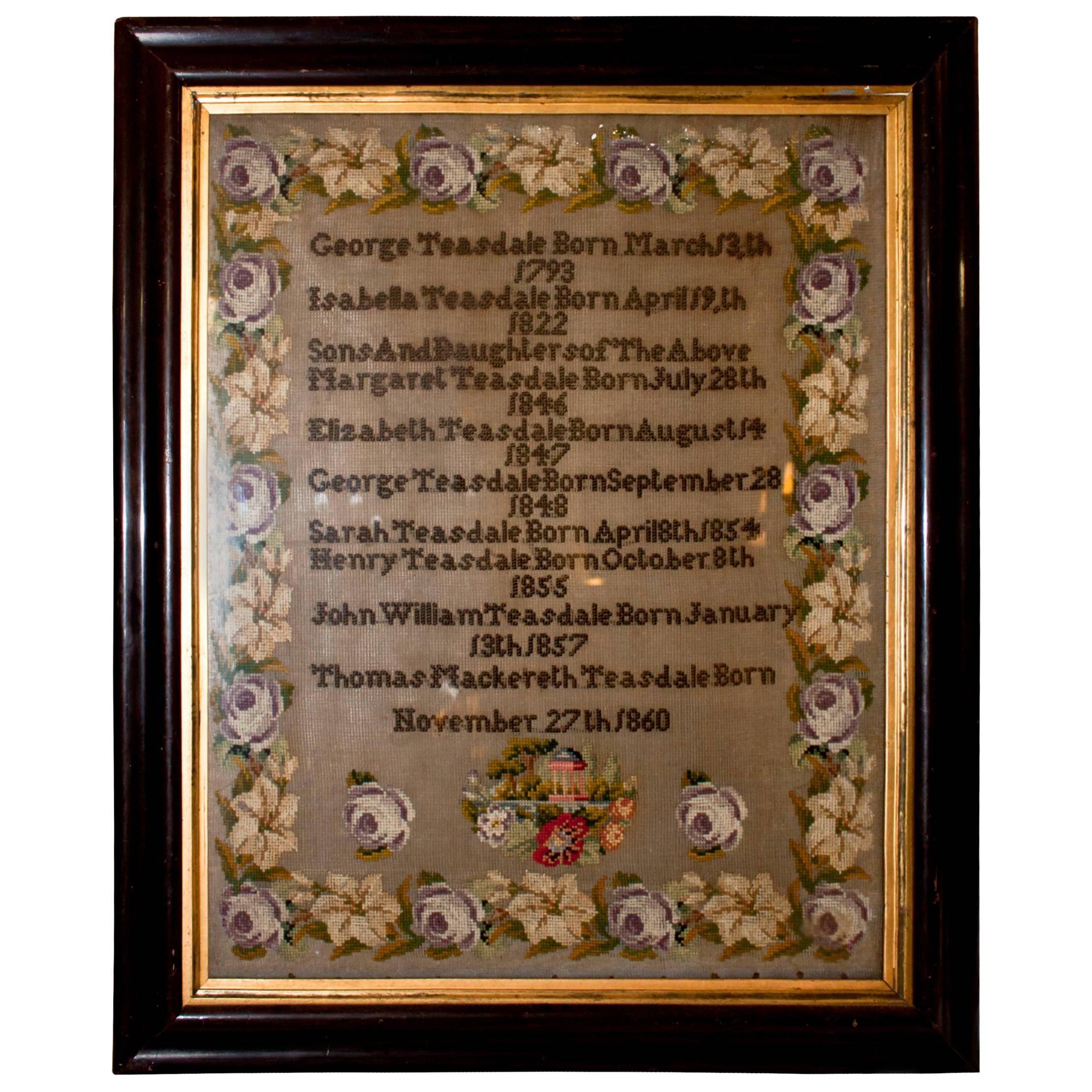 Needlepoint Sampler English Victorian Framed 1793 to 1860  Family Dates