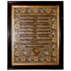 Antique  Needlepoint Sampler English Victorian Framed 1793 to 1860  Family Dates