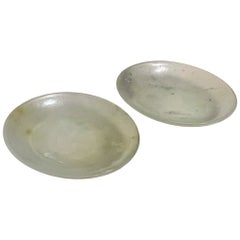 Fine Antique Chinese Qing Dynasty Carved Jade Petite Saucer Plate Set of Two