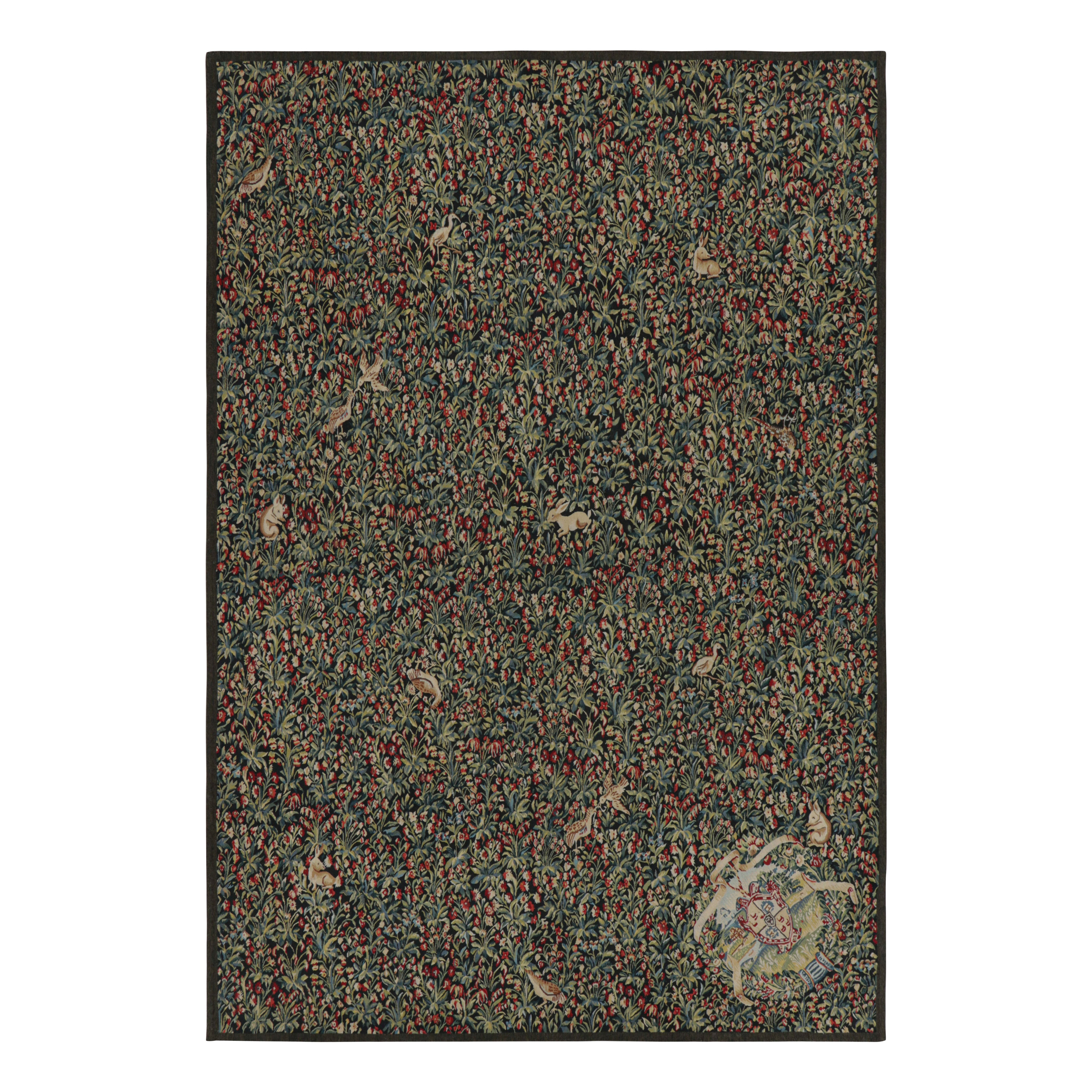 Rug & Kilim’s Armorial Tudor Style Rug in Green and Red Floral Patterns For Sale