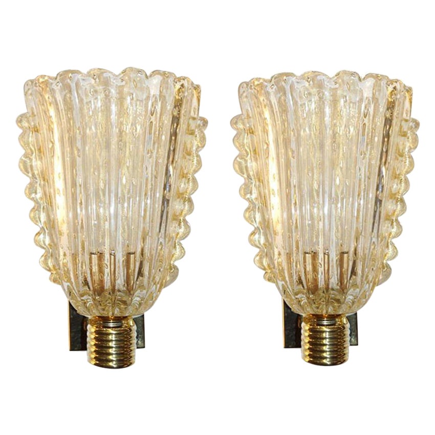 Contemporary Italian Art Deco Design Crystal Gold Leaf Murano Glass Bowl Sconces