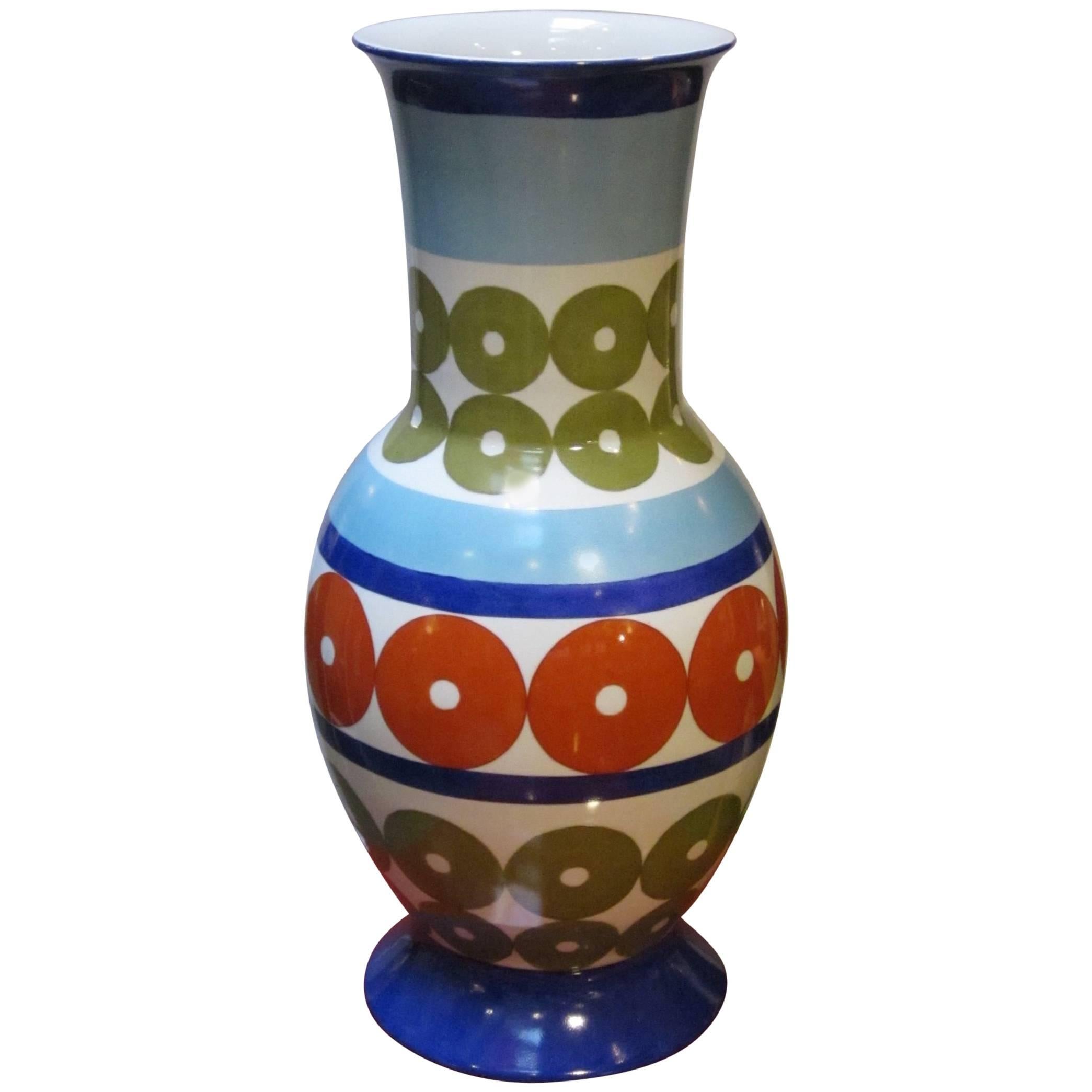 Bright Patterned Blue, White, Olive and Red Porcelain Vase by Frederic De Luca