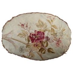 Antique Late 18th Century French Aubusson Floral Oval Round Tapestry Pillow