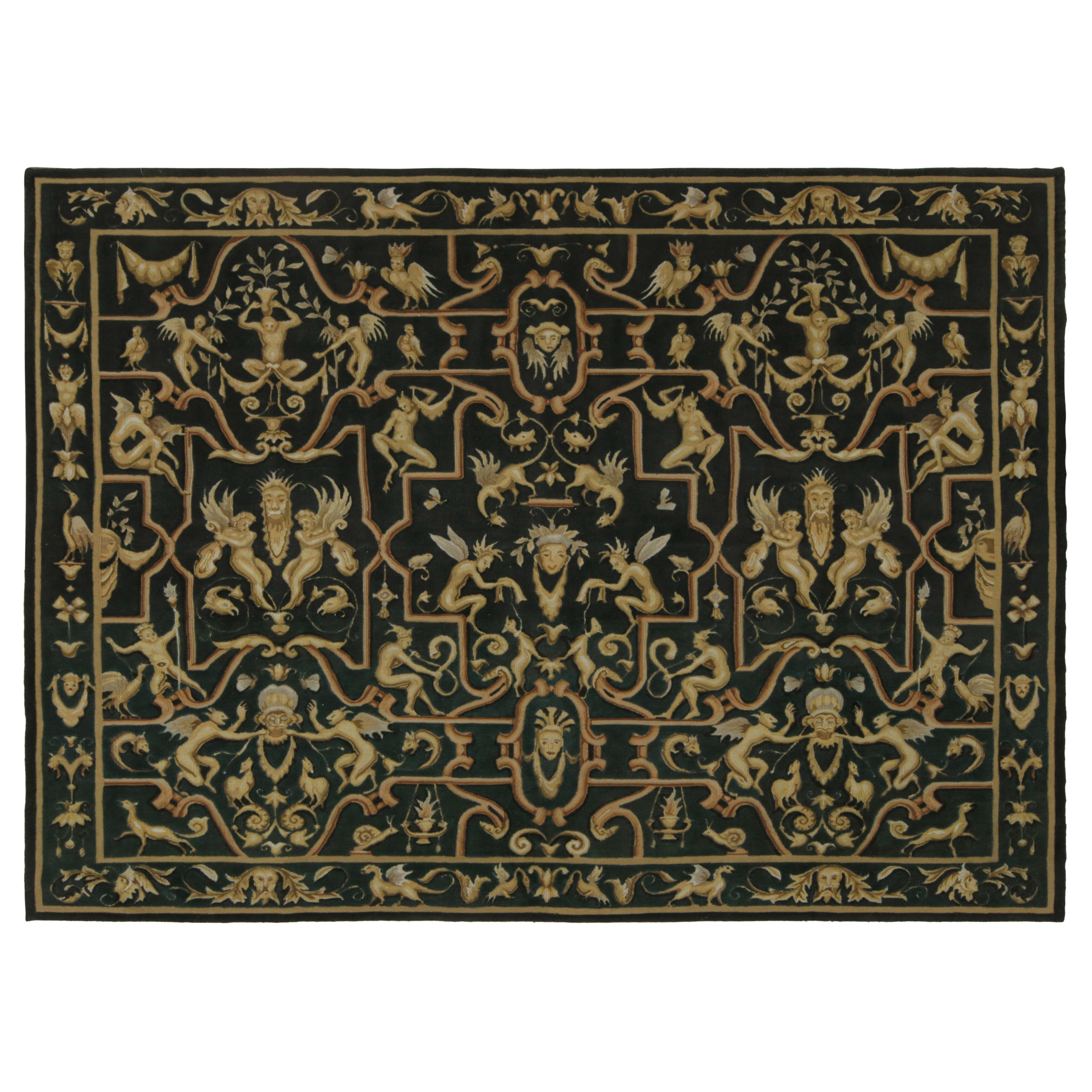 Rug & Kilim’s Tudor Style Flatweave in Black with Gold Pictorial Patterns For Sale