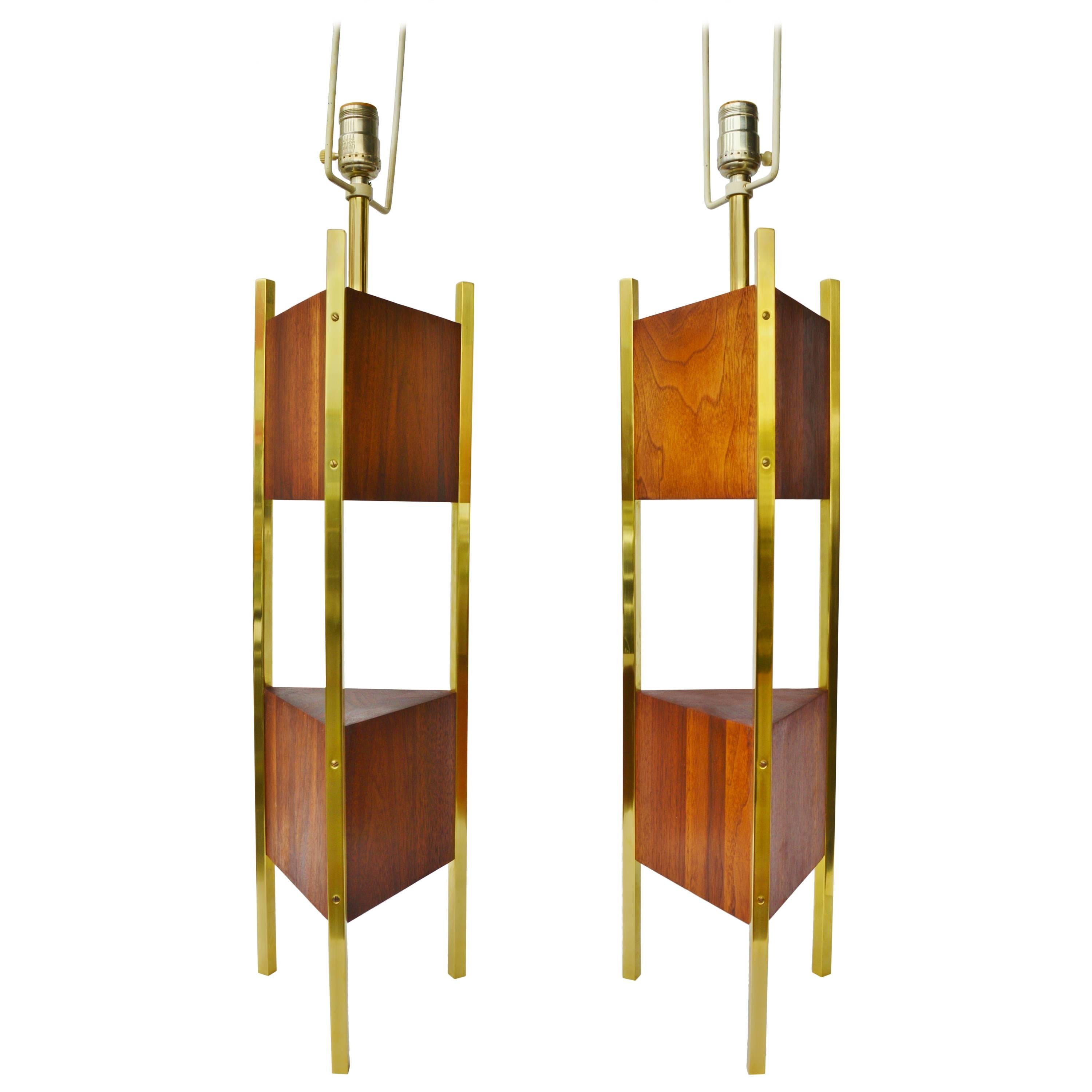 Large Pair of Walnut and Brass Triangular Laurel Lamps For Sale