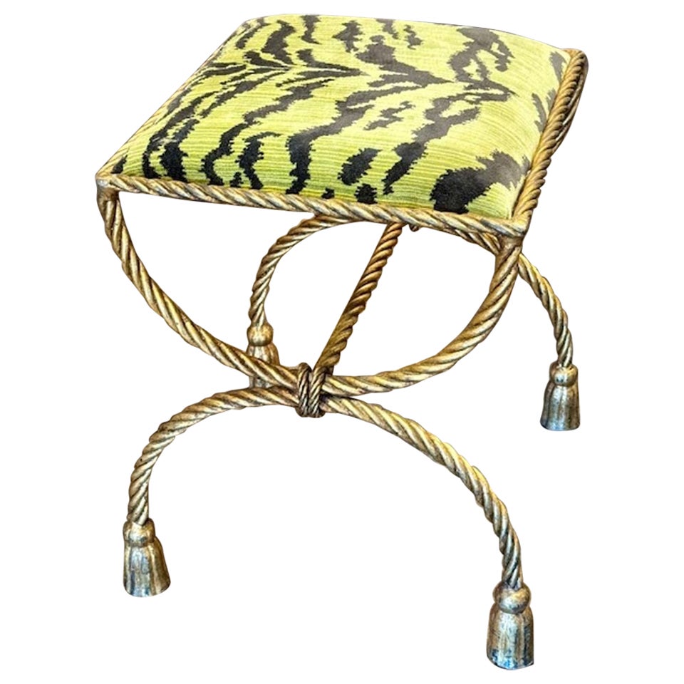 Mid-Century Gilt Iron Stool with Scalamandre Upholstery
