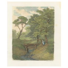Antique Rustic Landscape with Child and Bridge, 1856 Engraving by P.L. Dubourcq