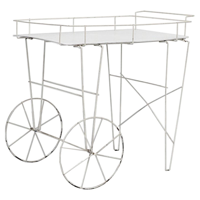 Mathieu Mategot Inspired Wire Frame Rolling Flower Cart with Plywood Tray