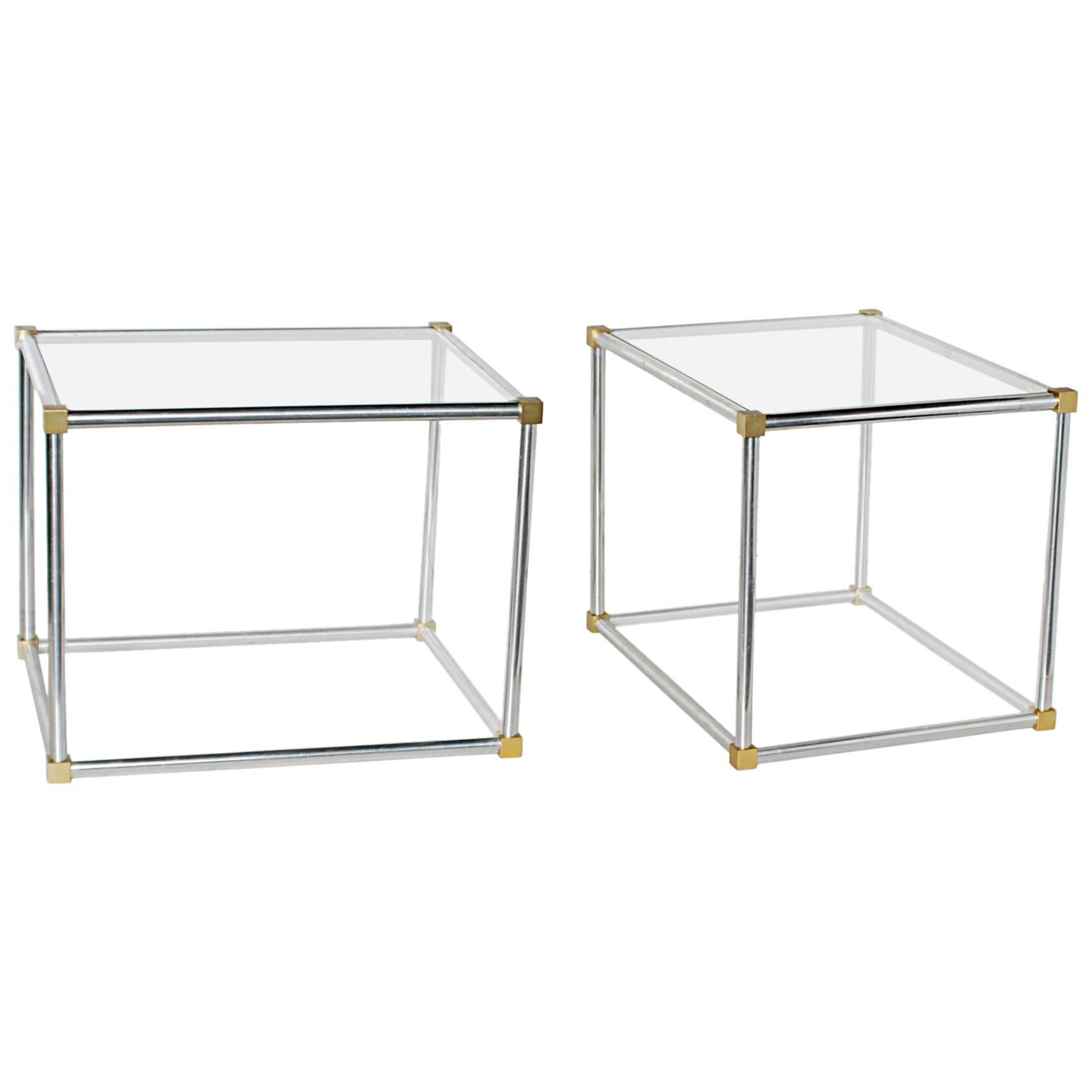 Pair of Aluminum and Brass Glass Top End Tables, in the Manner of Maison Jansen For Sale