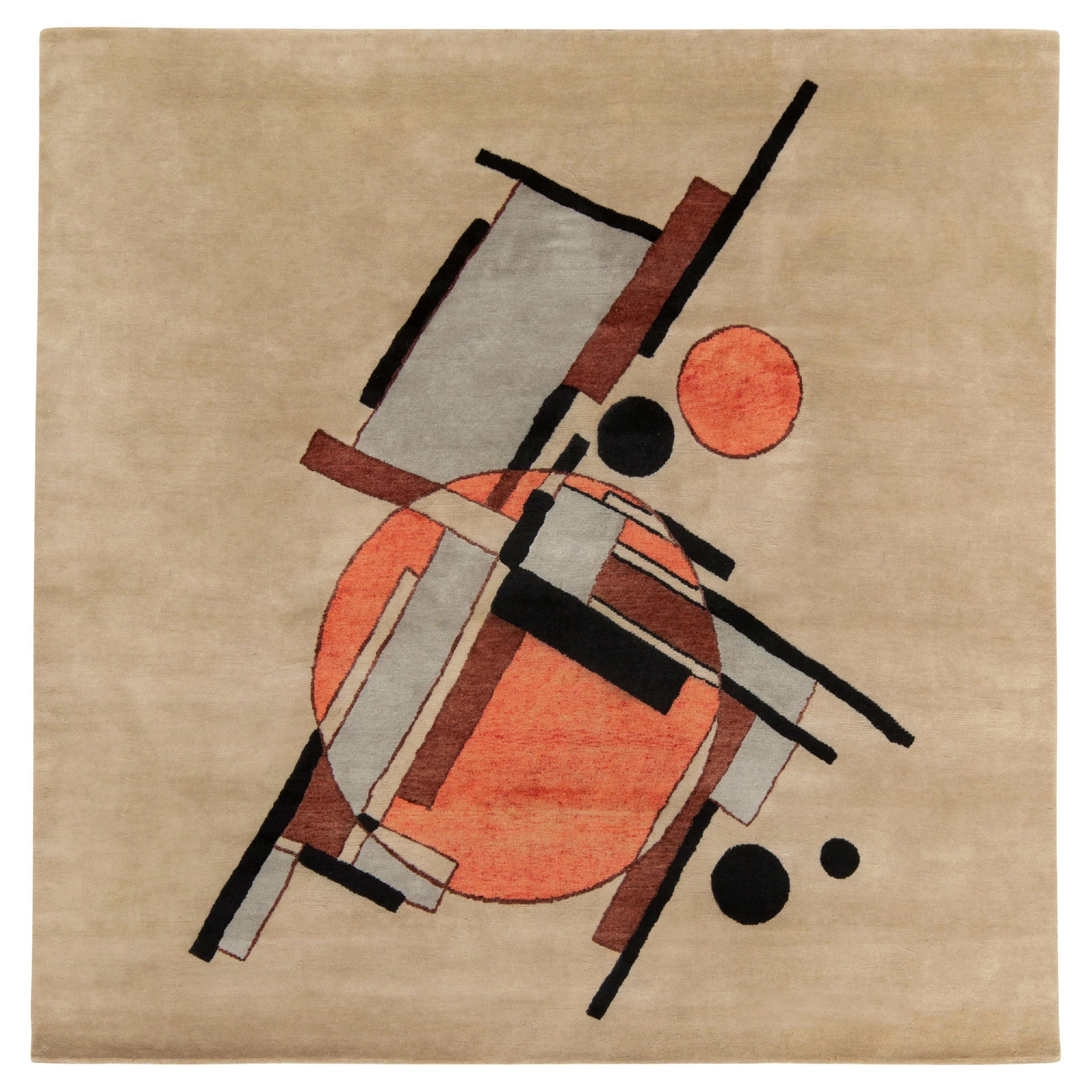 Rug & Kilim's Suprematist Style Deco Square Rug in Beige-Brown Black & Orange