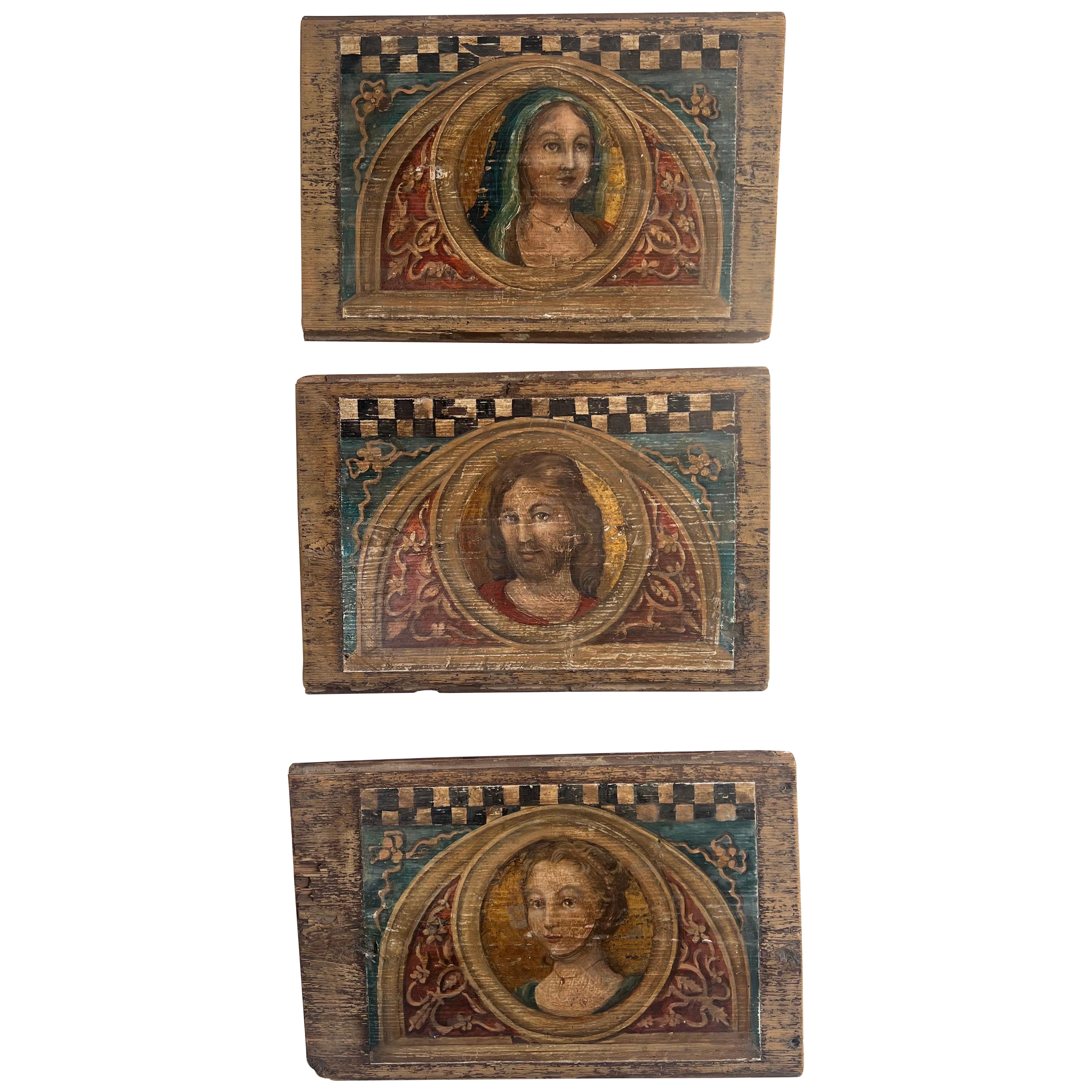 19th C. Religious Inspired Painted Wooden Plaques For Sale