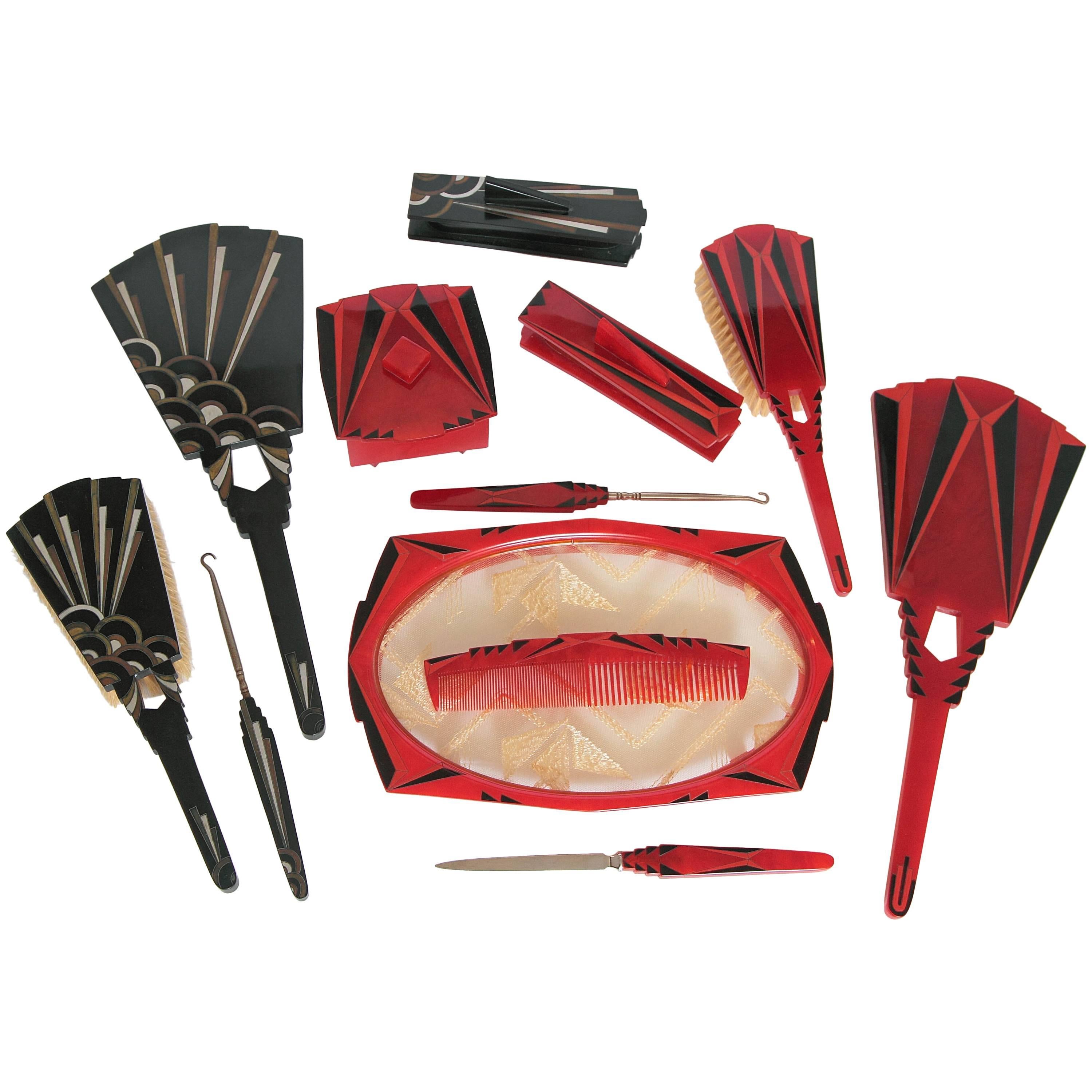 Art Deco La Futuriste Vanity Set in Early Phenolic, Trade Mark "NTS"  COMB SOLD For Sale