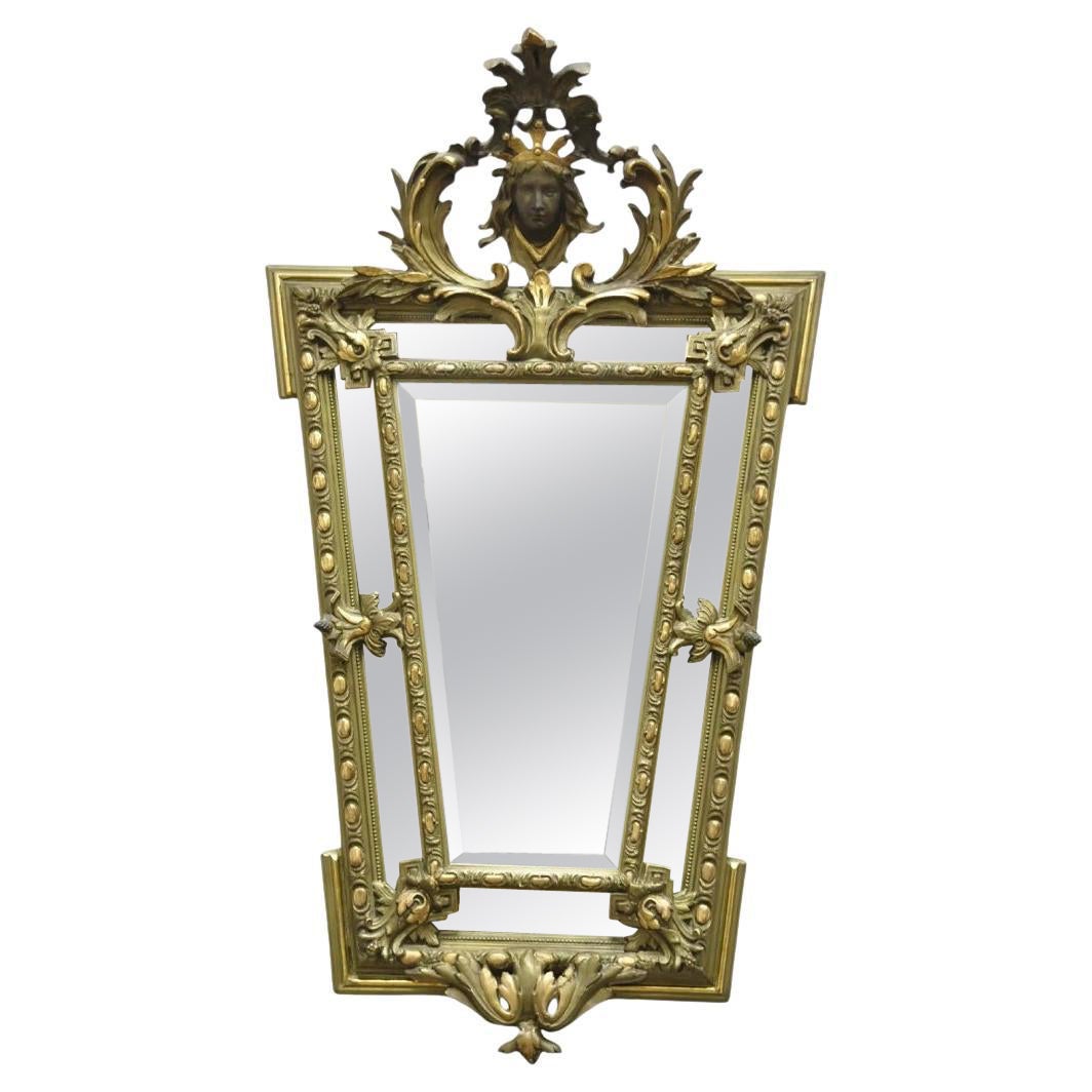 Antique French Renaissance Baroque Carved Giltwood Gesso Wall Mirror with Face