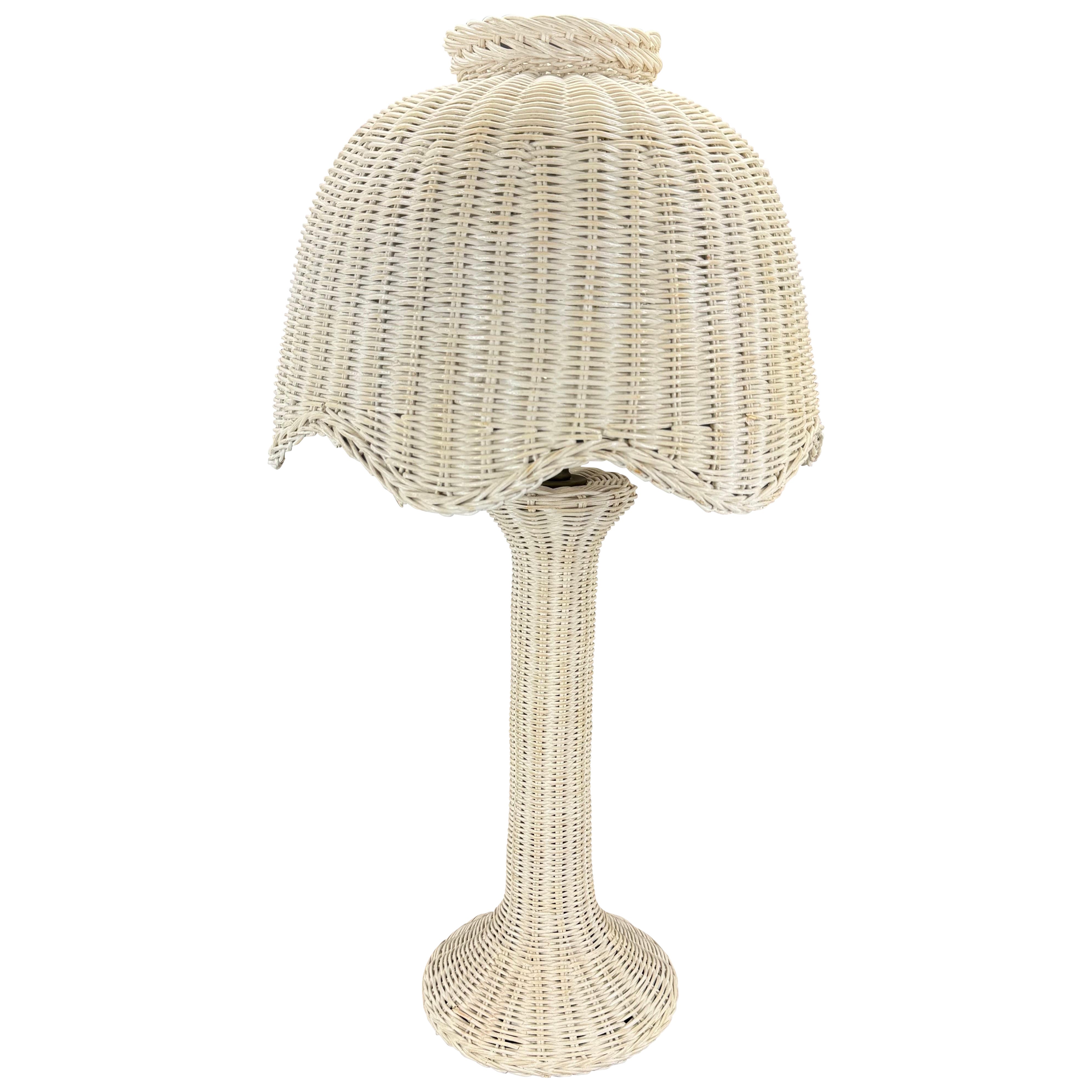 Scalloped Mid-Century White Painted Wicker Table Lamp