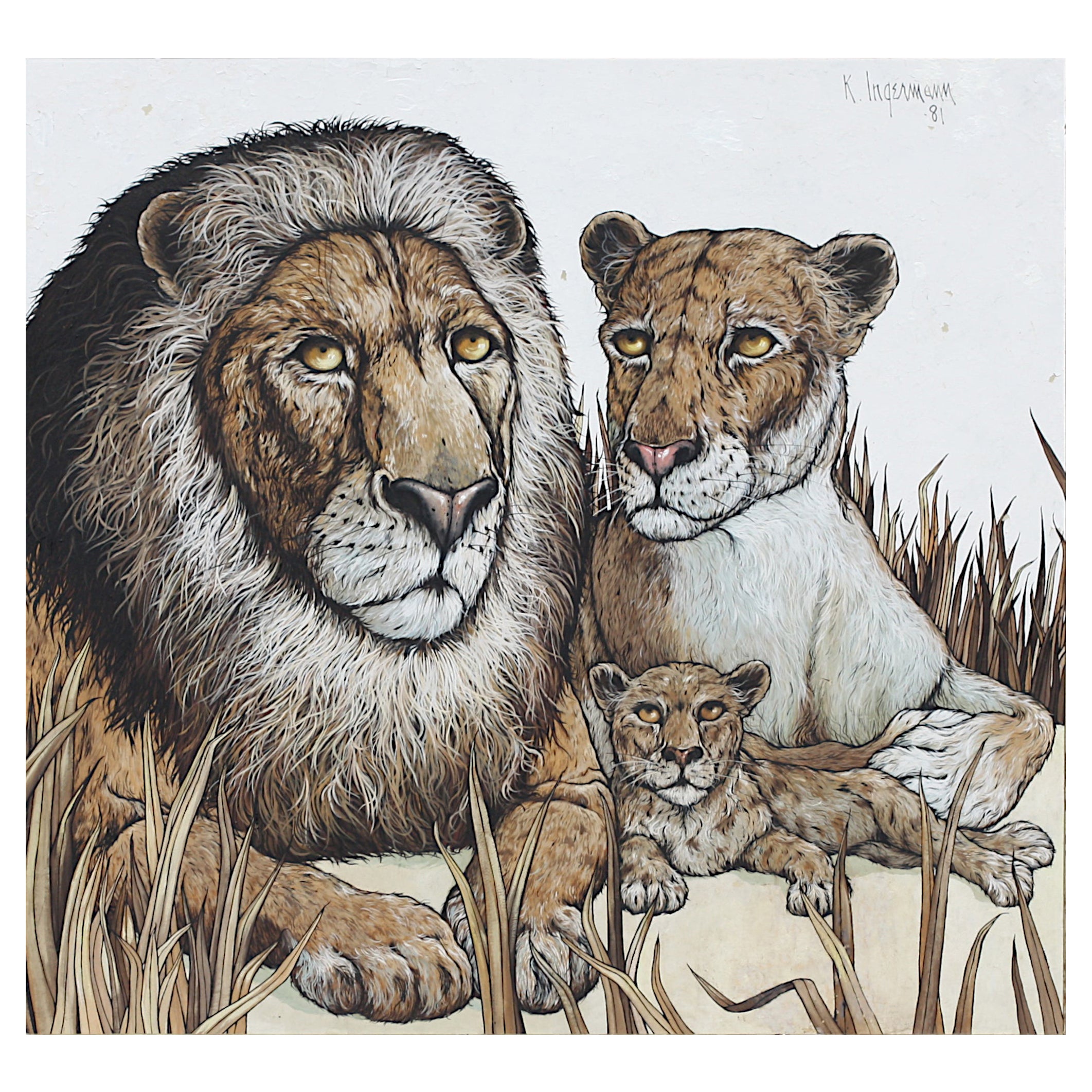 Keith Ingermann (americano, 1929 - 2012) Famiglia di leoni, olio su tavola in vendita