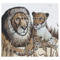 Keith Ingermann (americano, 1929 - 2012) Famiglia di leoni, olio su tavola