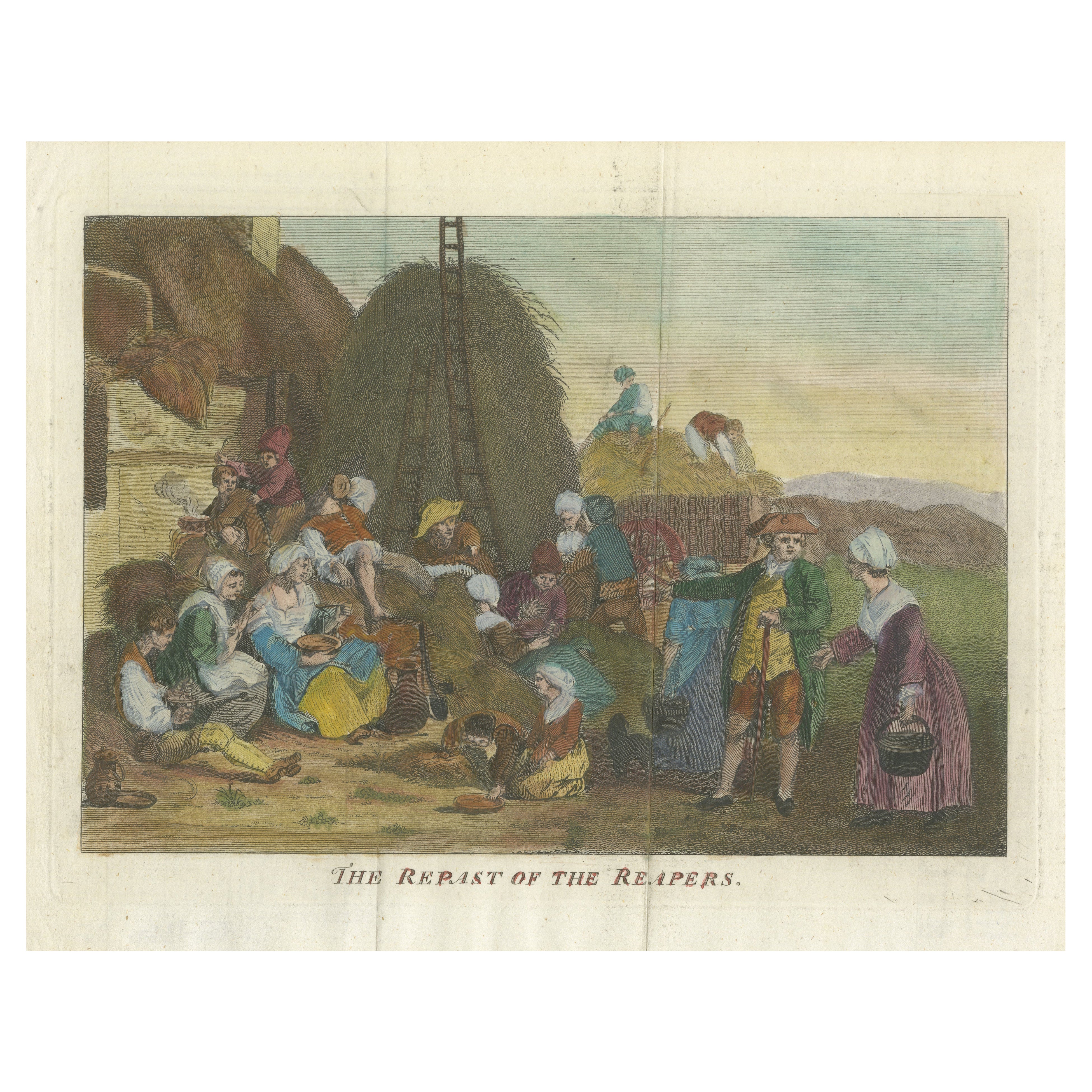 The Repast of the Reapers: 18th-Century Hand-Colored Rural Scene For Sale