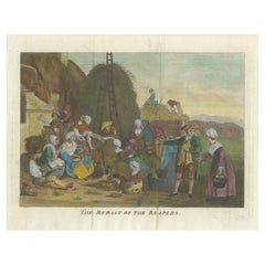 Antique The Repast of the Reapers: 18th-Century Hand-Colored Rural Scene