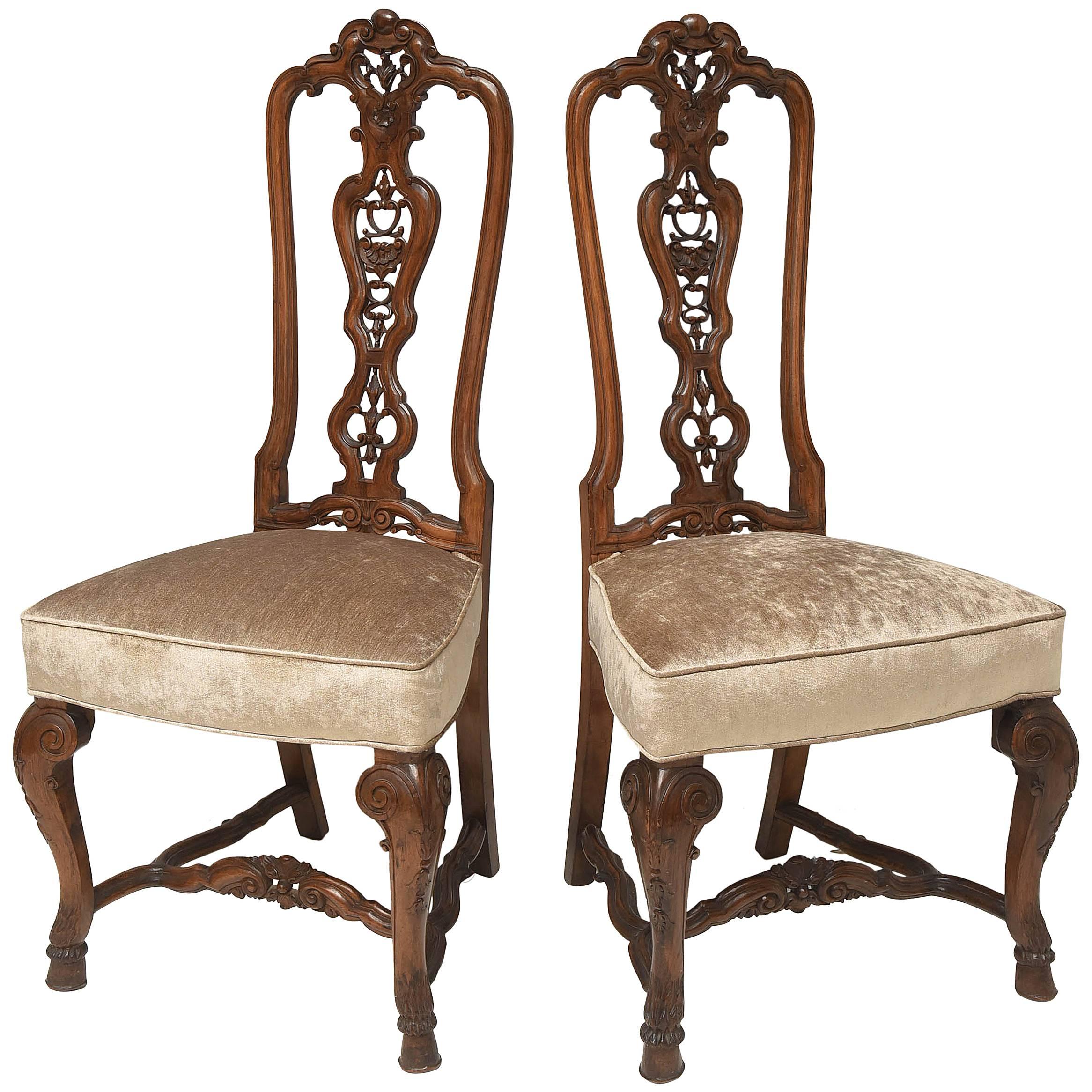 Elegant Pair of High Back Georgian Walnut English Side Chairs For Sale