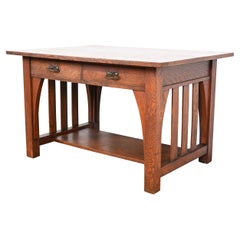 Table de bureau ou de bibliothèque antique Mission en chêne Arts & Crafts, vers 1910