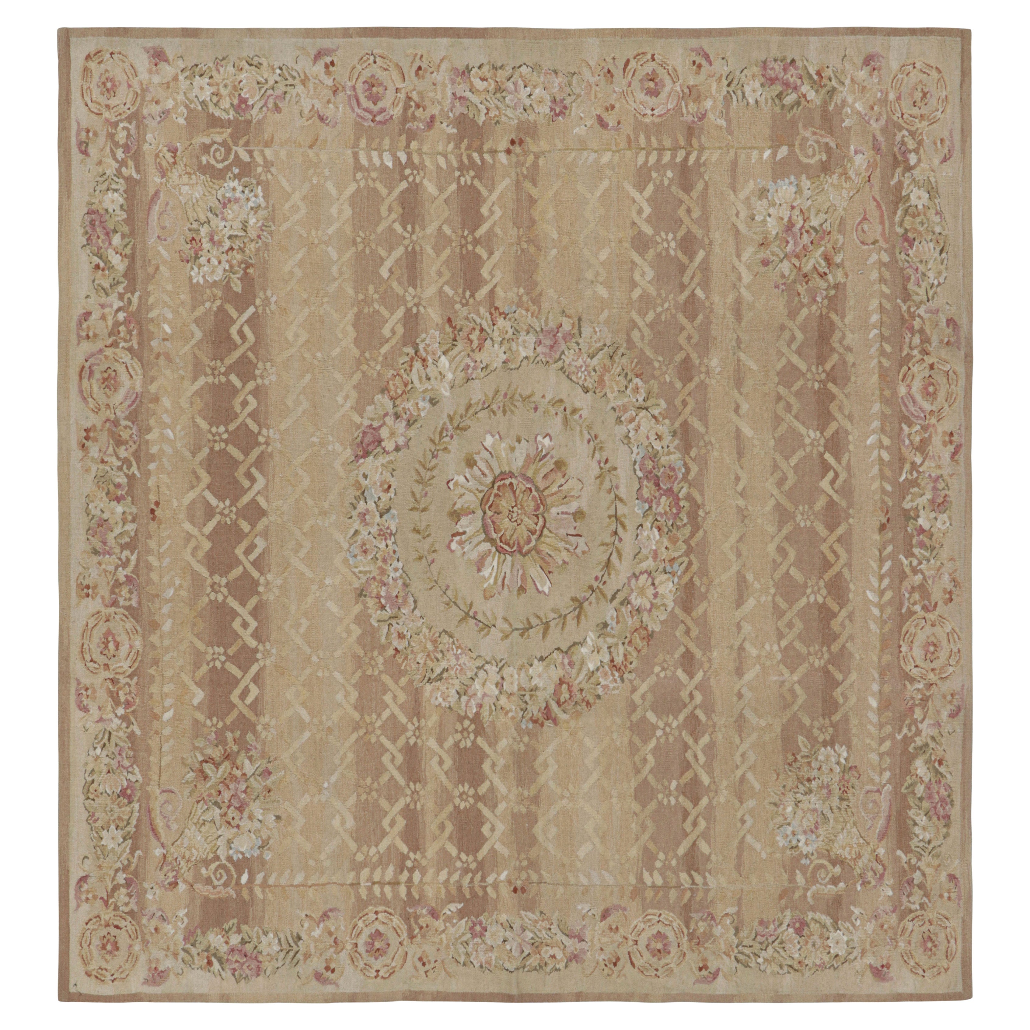 Rug & Kilim’s Aubusson Style Square Rug in Gold and Beige with Floral Medallion