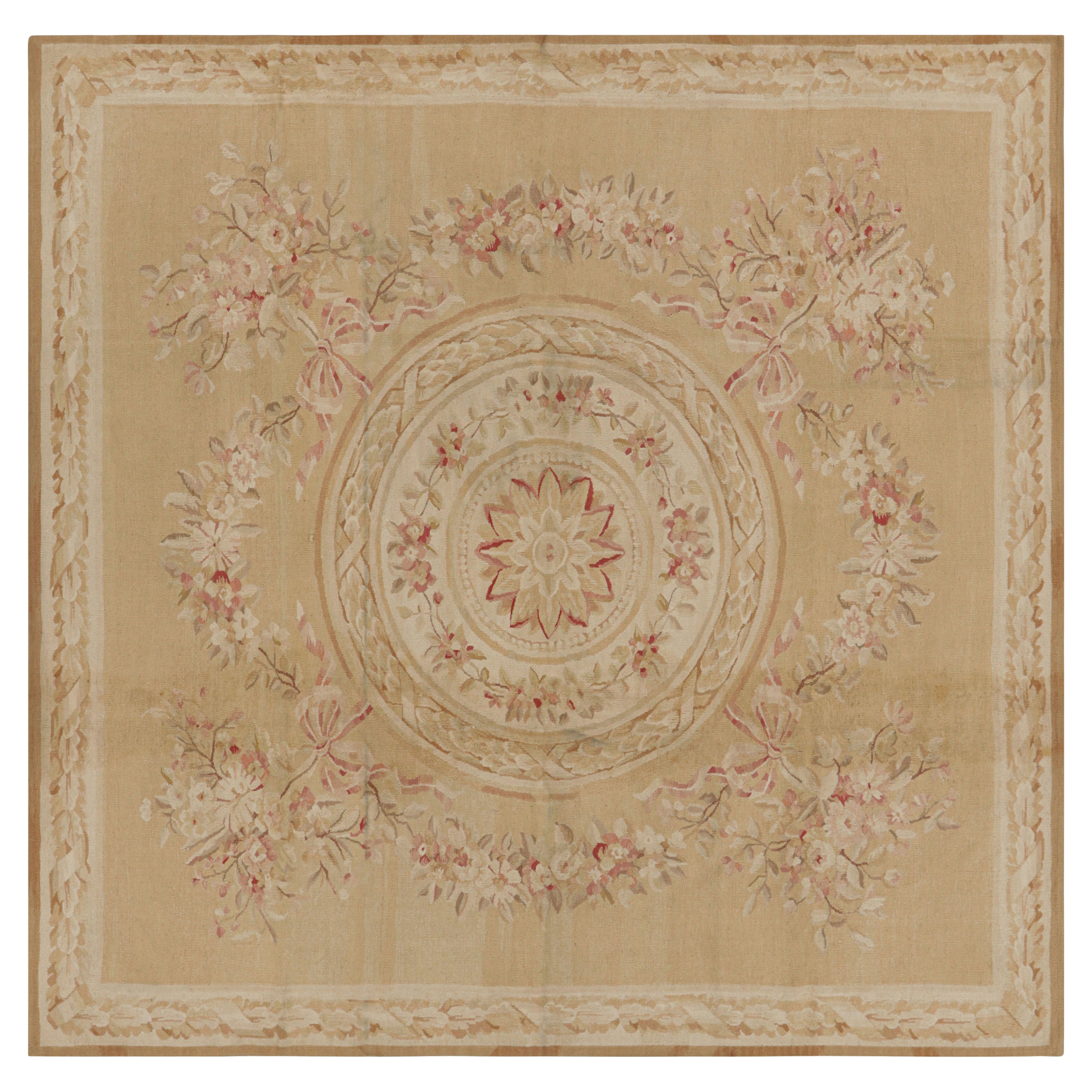 Rug & Kilim’s Aubusson Style Square Rug in Gold and Beige with Floral Medallion
