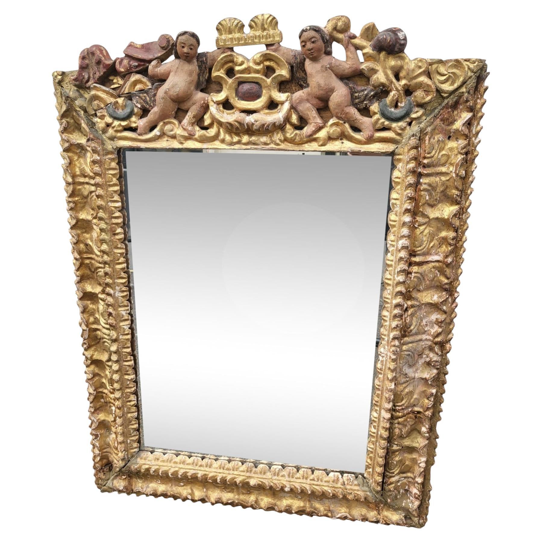 Mexican Gilded Carved Wood Mirror, 17th/18th Century