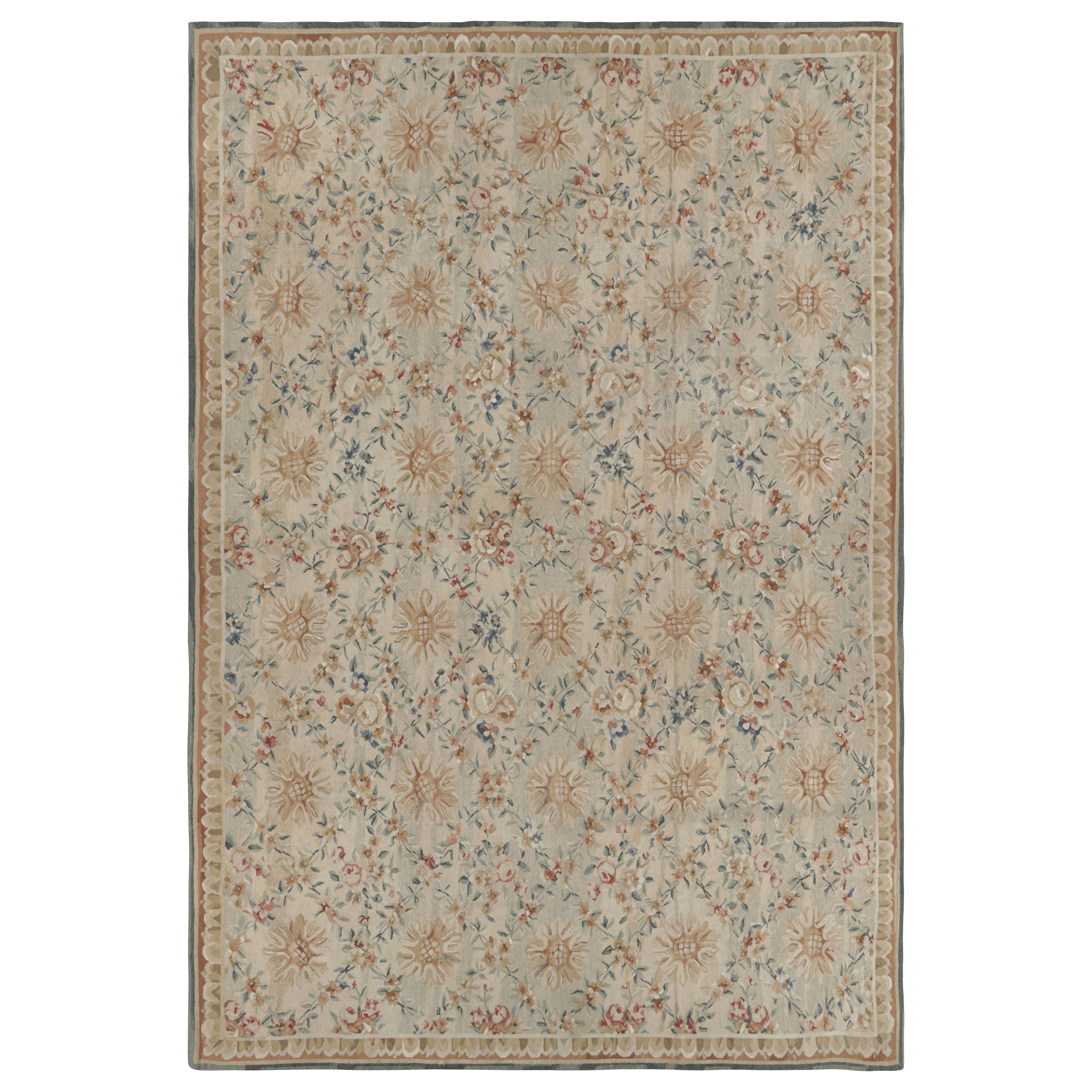 Rug & Kilim's Oversized Aubusson Style Rug in Beige-Cream with Floral Patterns For Sale