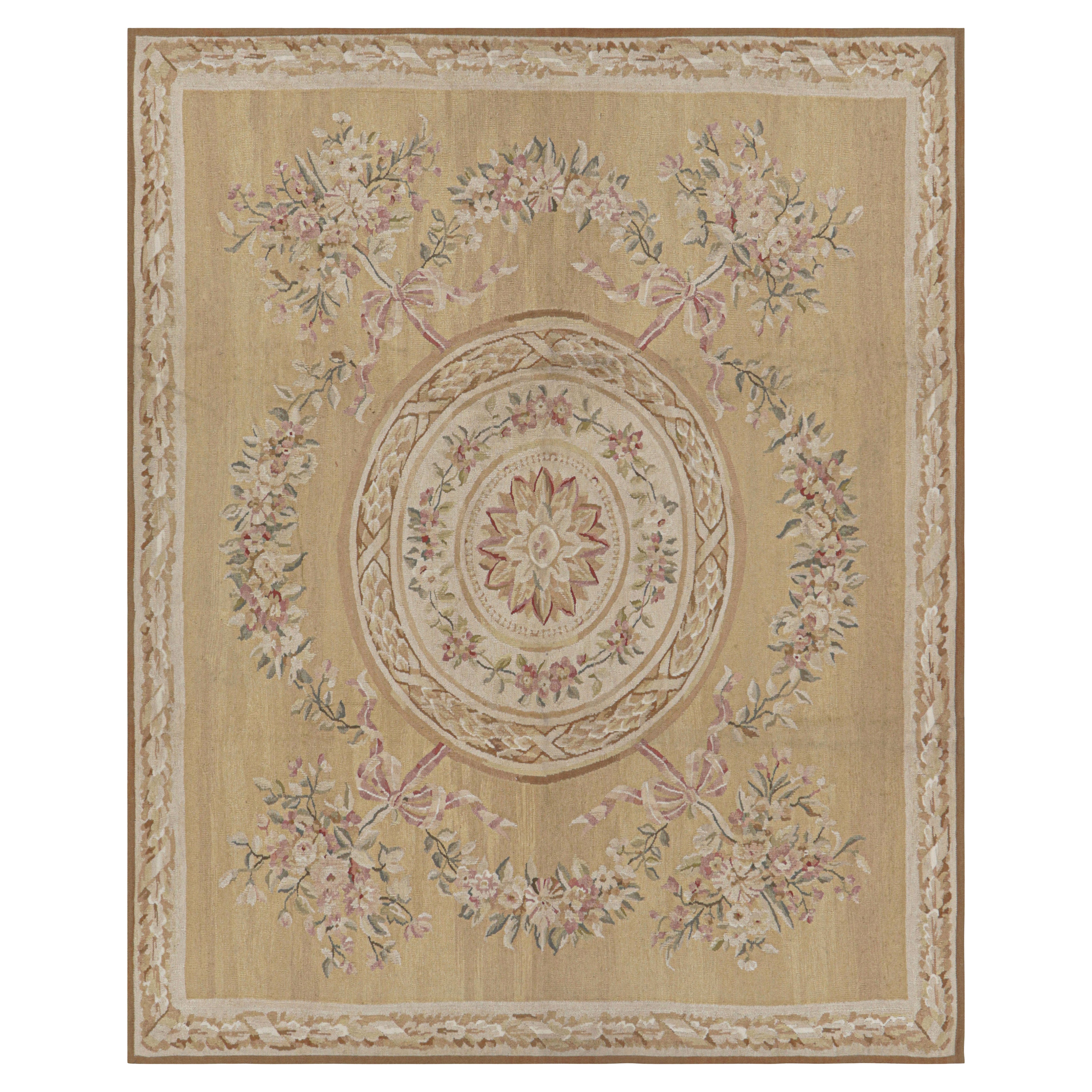 Rug & Kilim’s Aubusson Style Rug in Gold and Beige with Floral Medallion