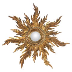 Carved Giltwood Sunburst Mirror, Hollywood Regency, Spain 1940s