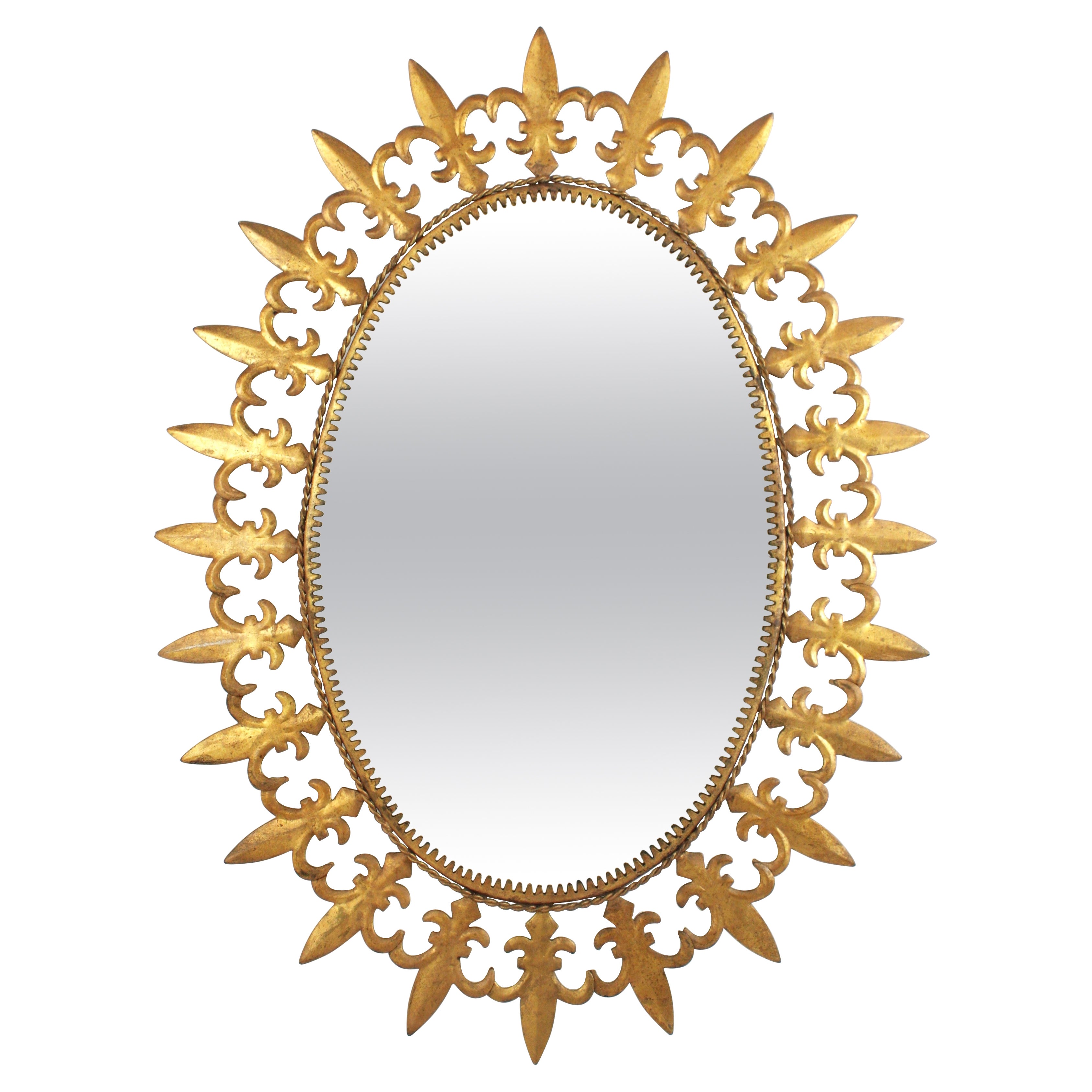 Espejo Oval de Hierro Dorado, Marco Flor de Lis, España Años 50