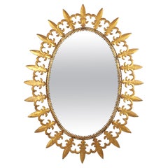 Espejo Oval de Hierro Dorado, Marco Flor de Lis, España Años 50