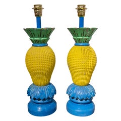 1970s Pair of Vintage Wooden Lamps with a Tropical Design in Vibrant Colors