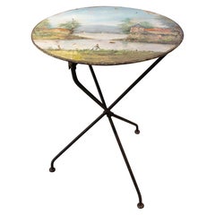 1950s Iron Side table with a Landscape Painting on the Round Tabletop