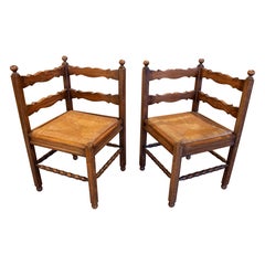 1960s Pair of Rustic Corner Chairs made of Wood with Woven Seats